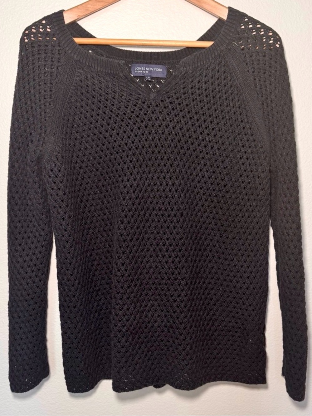 Jones New York Black Open Knit Crochet Sweater Large